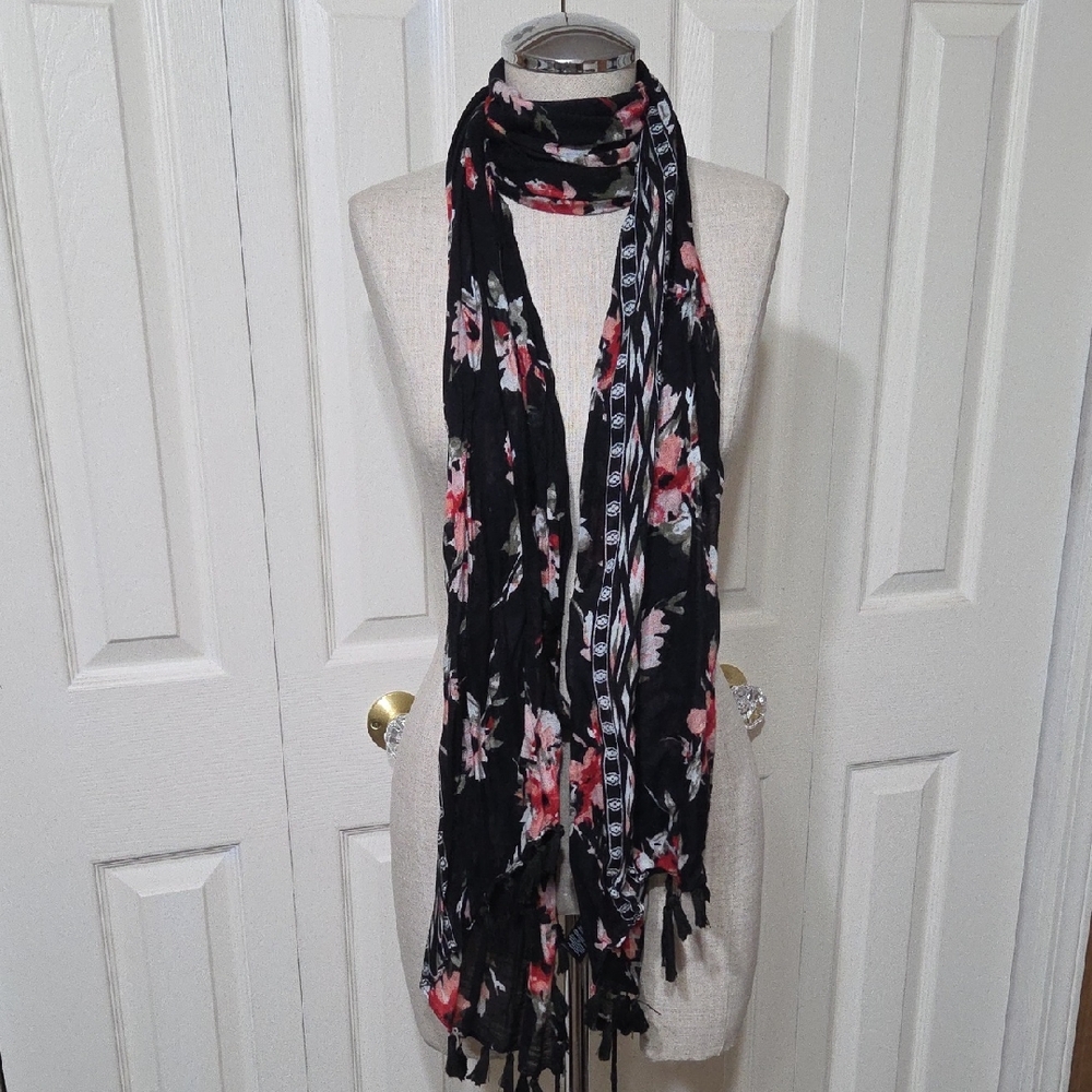 White House Black Market Black Floral Tassel Scarf with Pink Accents